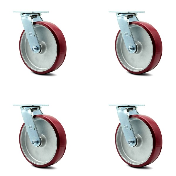 8 Inch Poly on Aluminum Wheel Swivel Caster Set with Ball Bearings SCC